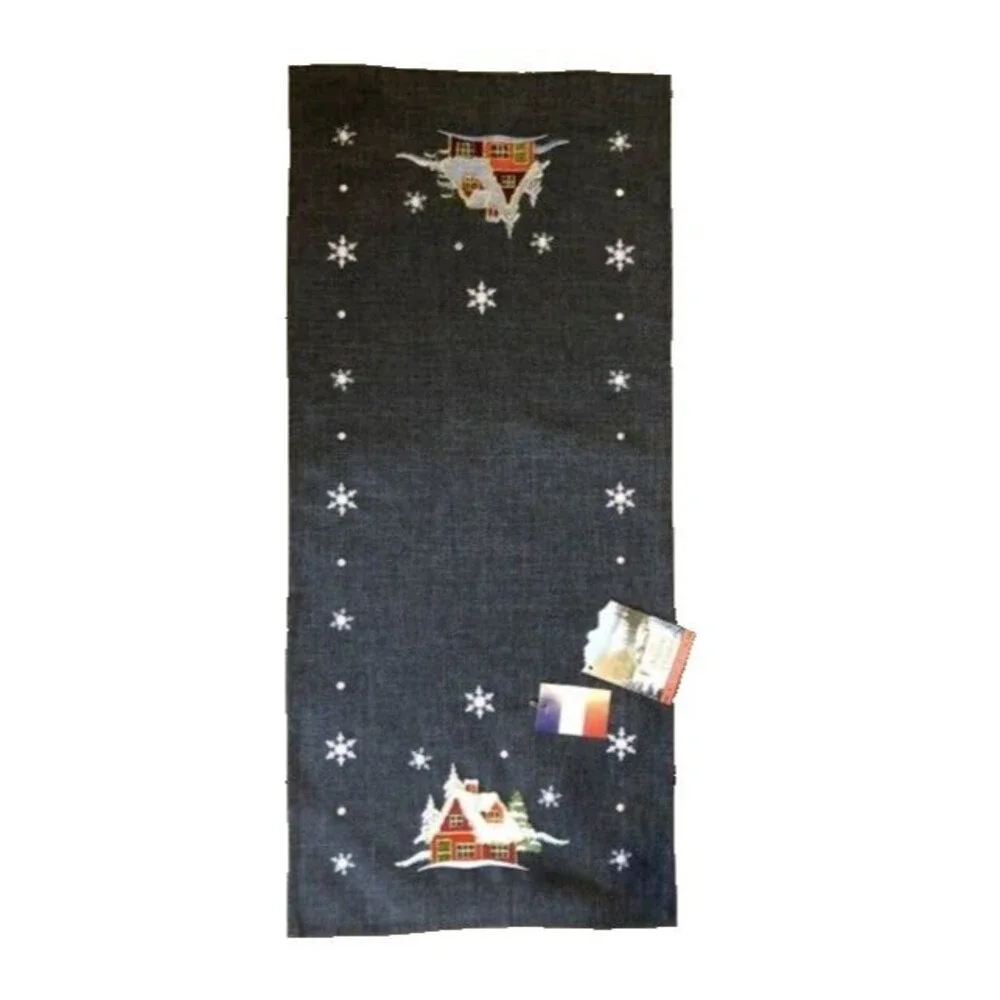 Rolande du Dreuilh Table Runner Embroidered Chalet Snowflakes Winter Gray France
